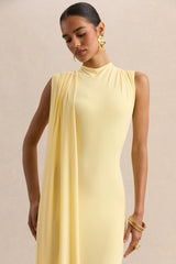 Oleandra | Lemon High-Neck Midi-Dress With Draped-Detail