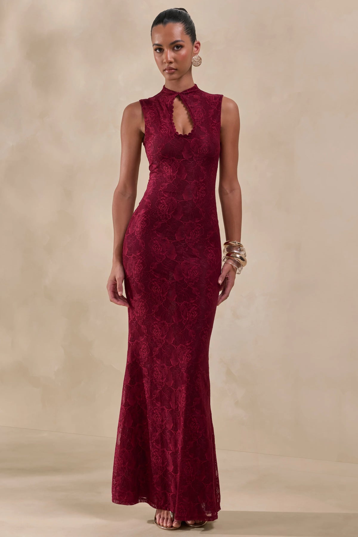 Ravissa | Burgundy Sheer Lace High-Neck Maxi Dress