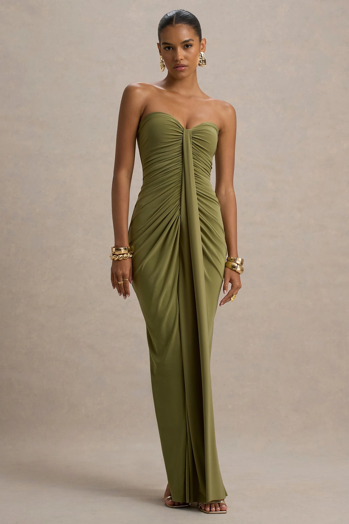 Ali | Olive Sweetheart Ruched Wrap Maxi Dress