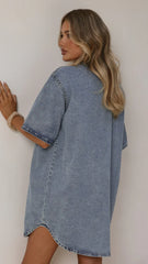 Maliha Button Up Mini Dress - Light Denim