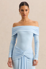 Helia | Blue Bardot Neck Thong Bodysuit With Ruched Long Sleeves