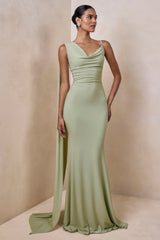 Kenza | Mint Asymmetric-Neck Maxi Dress With Scarf-Detail