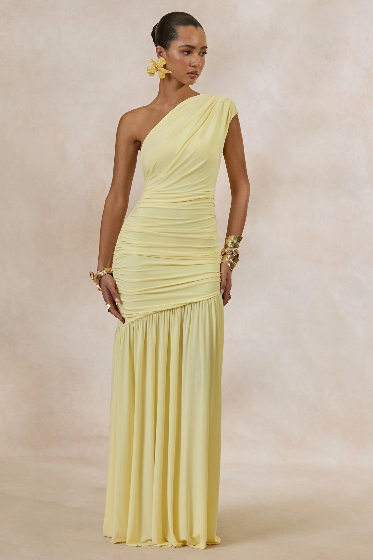 Alaya | Lemon Asymmetric-Neck Maxi Dress With Drop-Waist