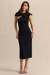 Clarina | Black Asymmetric-Neck Midi Dress With Bow-Detail