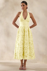 Maribel | Lemon Lace Plunge-Neck Midi Dress