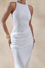 Neria | White Satin And Lace Crew-Neck Maxi Dress With Draped Wrap-Skirt