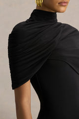 Enchant | Black Asymmetric Twisted Cape Midi Dress
