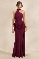 Aevina | Burgundy Satin Asymmetric-Neck Maxi Dress With Scarf-Detail
