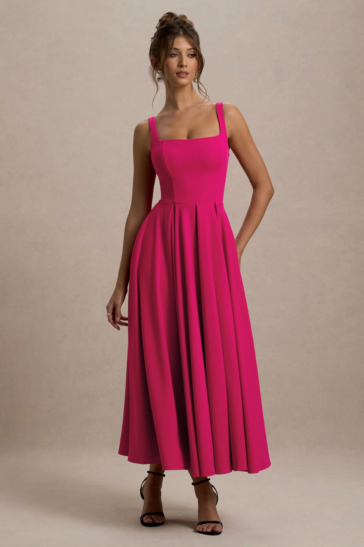 Parina | Hot Pink Strappy Volume-Hem Midi Dress