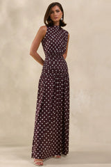 Kelis | Brown Polka-Dot High-Neck Maxi Dress With Draped Detailing
