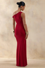 Caelia | Red Asymmetric-Neck Maxi Dress With Gold-Detailing And Sash