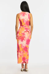 Orange Floral Bodycon Dress Sleeveless Mesh