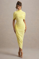 Enchant | Lemon Asymmetric Twisted Cape Midi Dress
