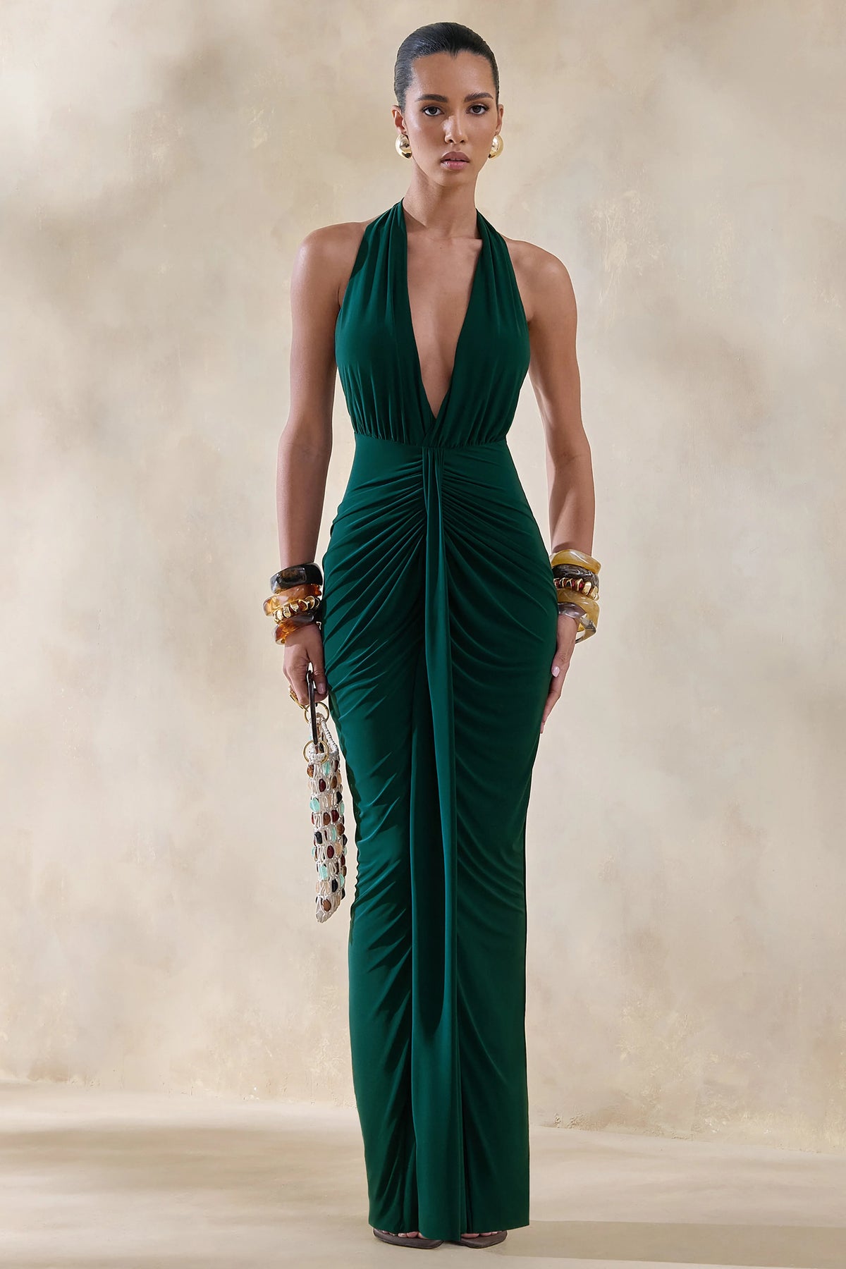 Lesley | Bottle Green Plunge-Neck Maxi Dress