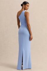 Arovia | Powder Blue Satin Asymmetric-Neck Maxi Dress With Draped-Detail