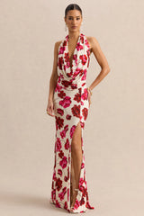 Flossie | Cream And Pink Floral Print Plunge-Neck Maxi Dress