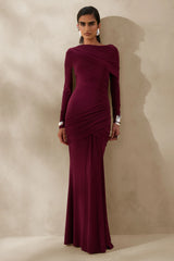 Kessara | Burgundy Asymmetric-Neck Maxi Dress With Sash And Gathered-Detailing