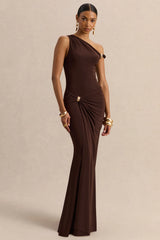 Caelia | Brown Asymmetric-Neck Maxi Dress With Gold-Detailing And Sash
