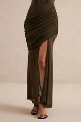 Persephone | Khaki Mesh Wrapped Maxi Skirt With Split