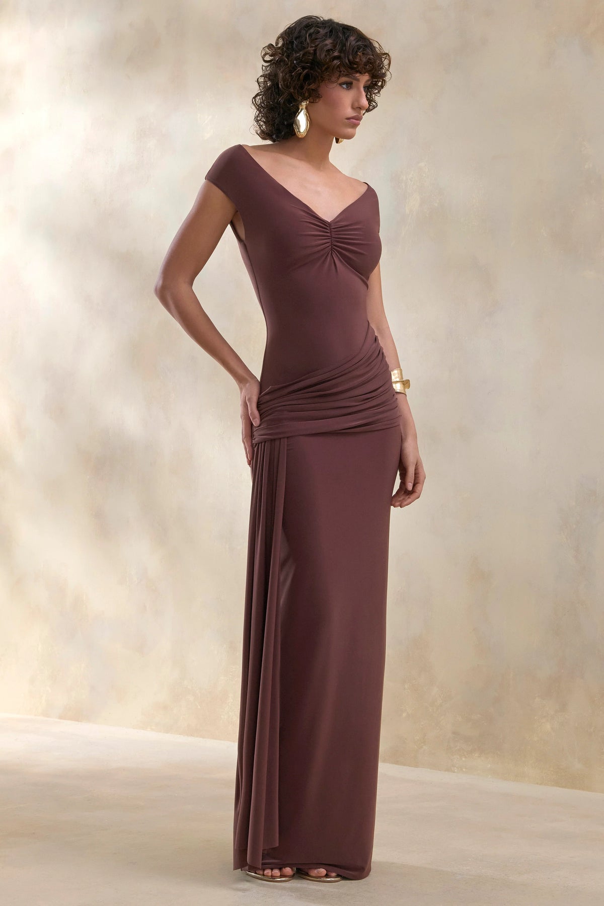 Petronia | Brown V-Neck Maxi Dress With Wrap-Detail
