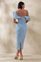 Loria | Powder Blue Lace Asymmetric-Neck Midi Dress With Draped Detailing