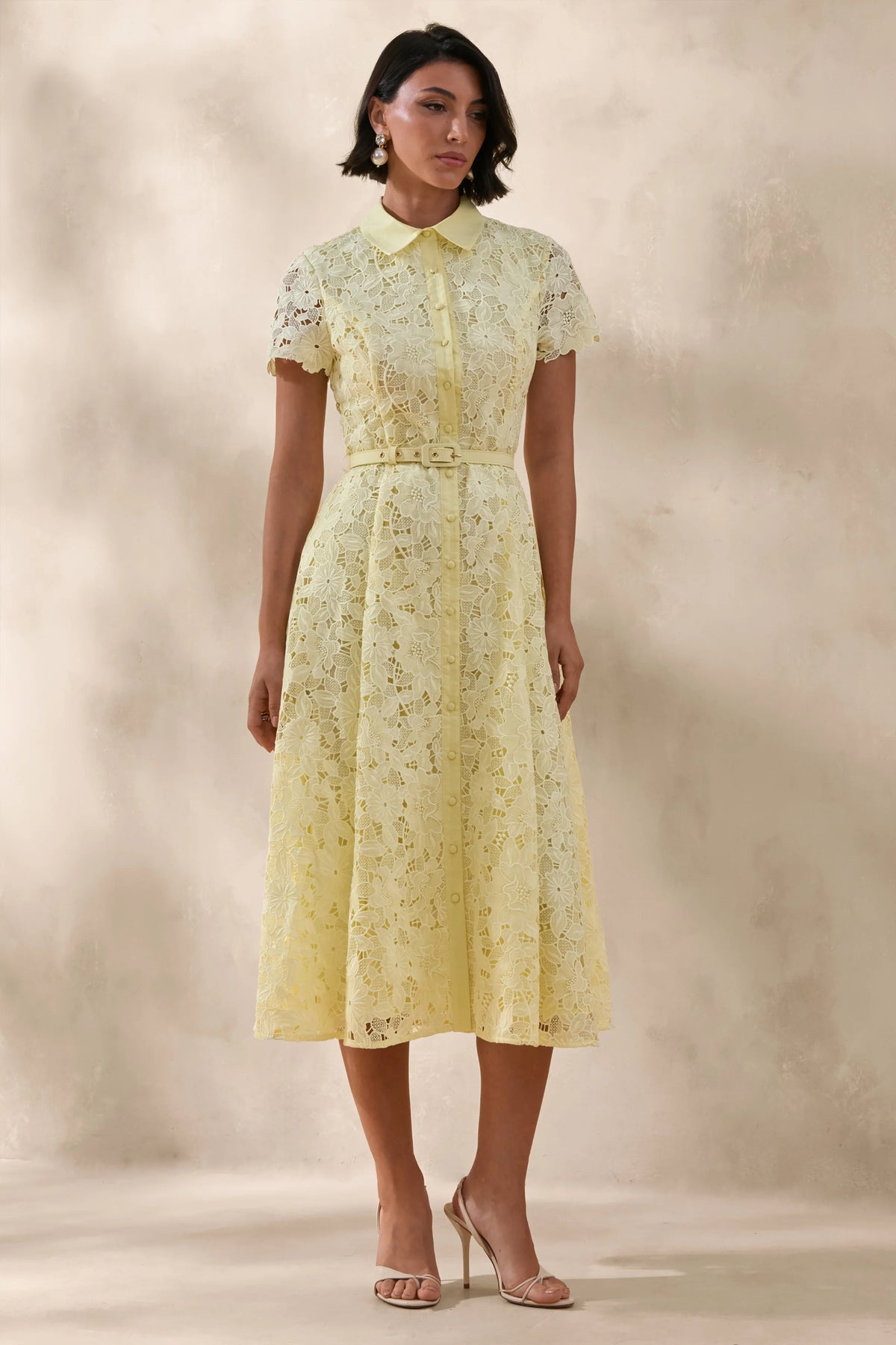 Zalie | Yellow Lace High-Neck Belted Midi Dress