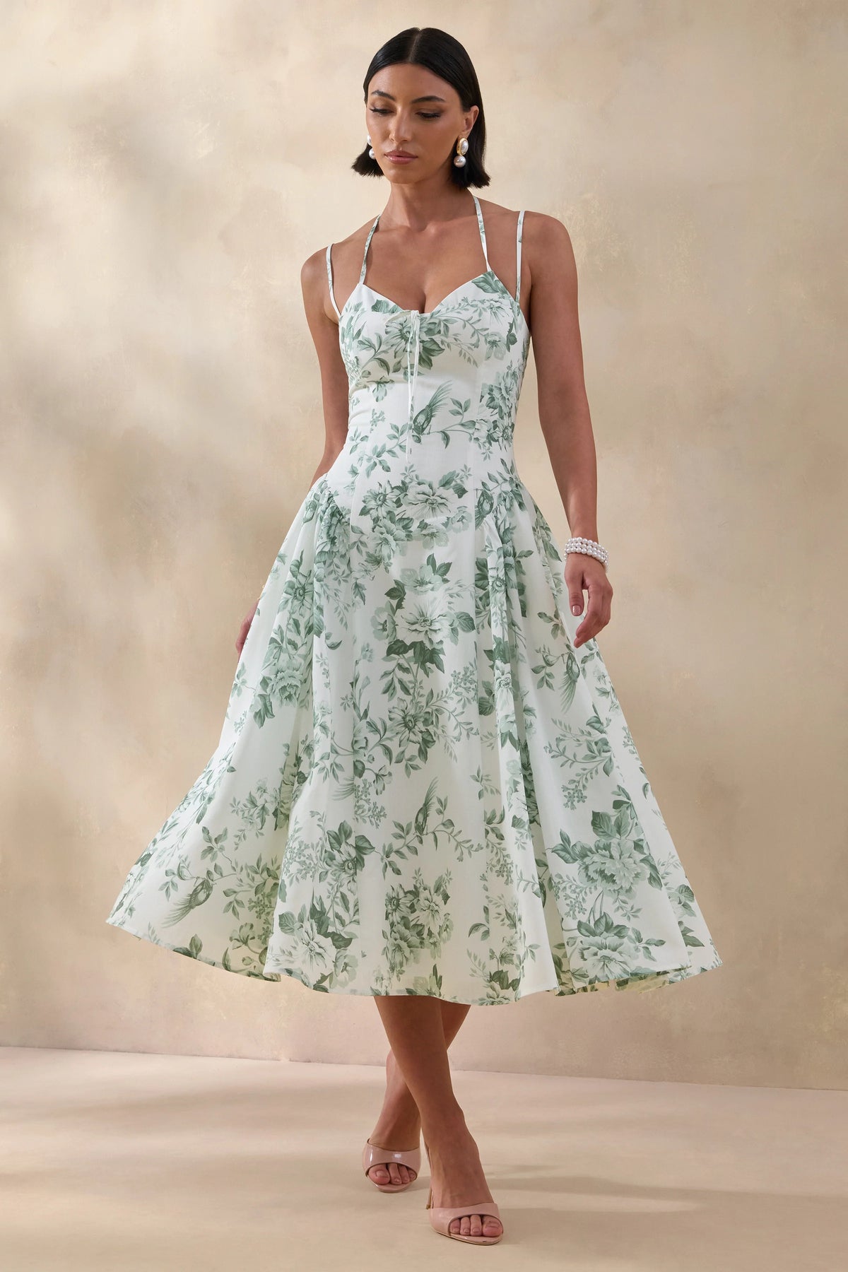 Audrey | Green Floral Print Sweetheart-Neck Midi Dress With Ruching Detail