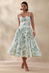 Audrey | Green Floral Print Sweetheart-Neck Midi Dress With Ruching Detail