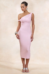 Sarafina | Light Pink Twisted Asymmetric-Neck Midi Dress