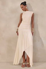 Myssara | Cream High-Neck Maxi Dress Gathered-Detailing
