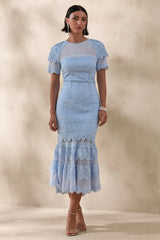 Leanne | Powder Blue Mesh And Lace Crew-Neck Fishtail Midi Dress