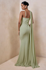 Kenza | Mint Asymmetric-Neck Maxi Dress With Scarf-Detail