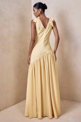 Cala | Lemon Matte Satin Plunge-Neck Maxi Dress With Bow-Sleeves