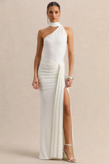 Jisella | White Asymmetric-Neck Thong Bodysuit With Scarf