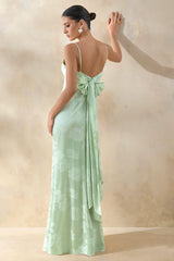 Carelle | Green Satin Plunge-Neck Maxi Dress With Asymmetric Drop-Waist