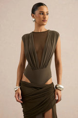 Kessia | Khaki Wide-Neck Thong Bodysuit With Mesh Detail