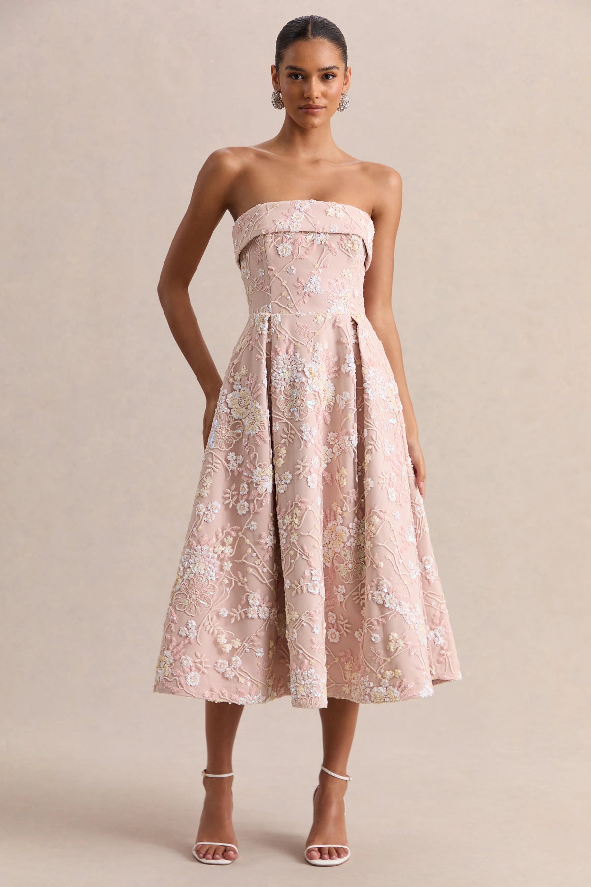 Amaris | Pink Embellished Floral Bandeau Skater Midi Dress