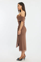Brown Bodycon Dress Off Shoulder Mesh