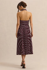 Kiora | Brown Polka-Dot Satin Midi Skirt
