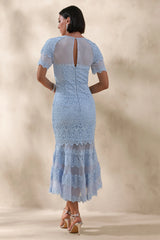Leanne | Powder Blue Mesh And Lace Crew-Neck Fishtail Midi Dress