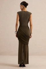 Persephone | Khaki Mesh Wrapped Maxi Skirt With Split