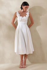 Maelle | White Scoop-Neck Midi Dress With Corsage Detailing