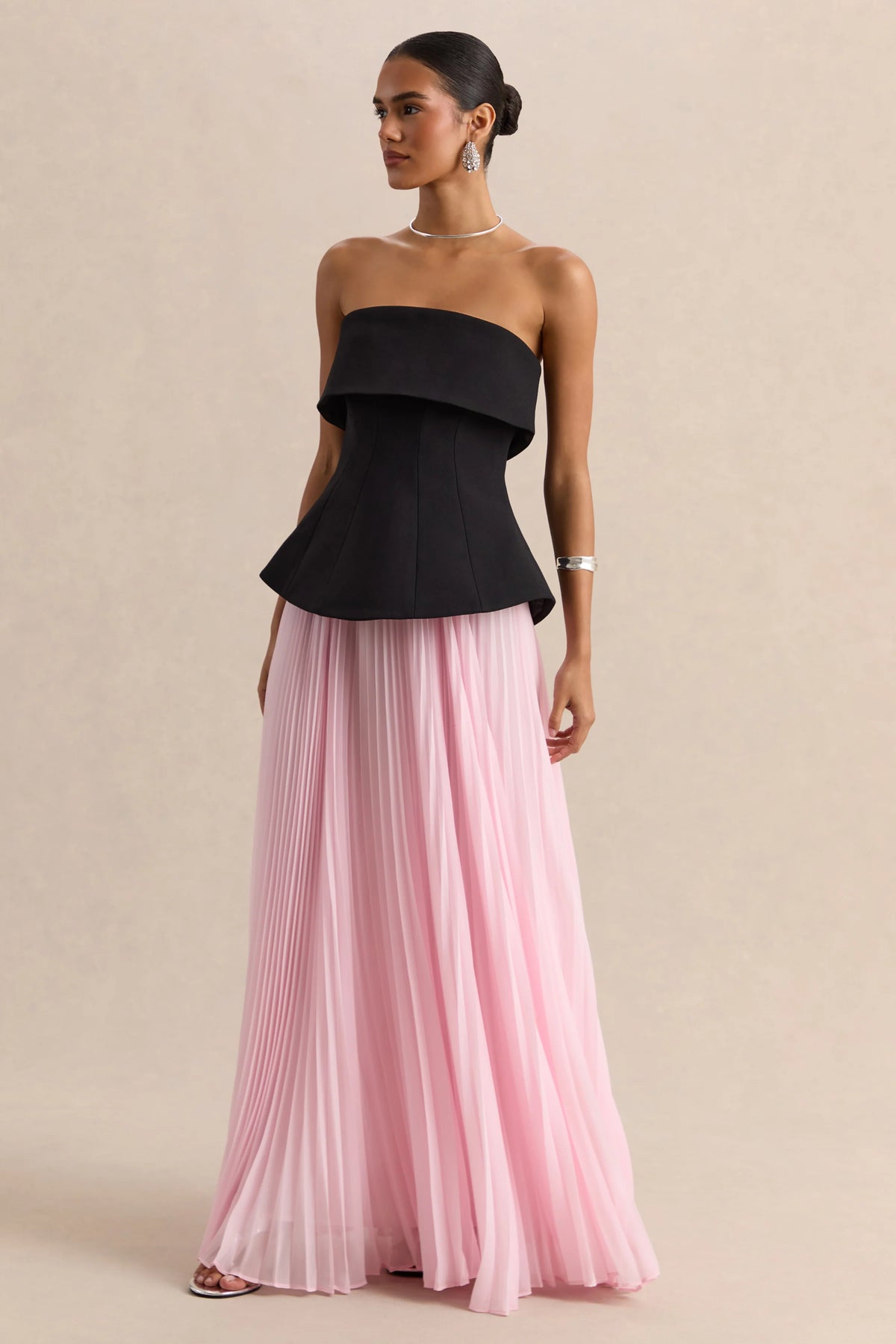 Stellara | Black & Pink Bandeau Corset Maxi Dress With Sheer Skirt