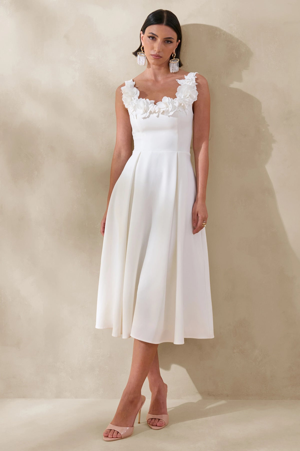 Maelle | White Scoop-Neck Midi Dress With Corsage Detailing