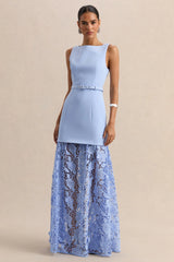 Verena | Powder Blue Boat-Neck Belted Maxi Dress With Lace Skirt
