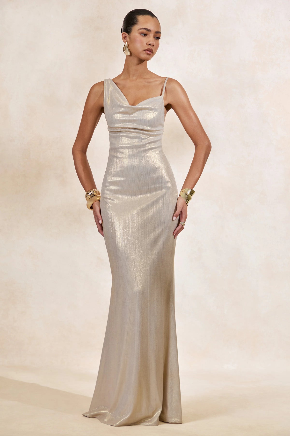 Galaxy Shimmer | Champagne Bias Cut Cowl Front Maxi Dress