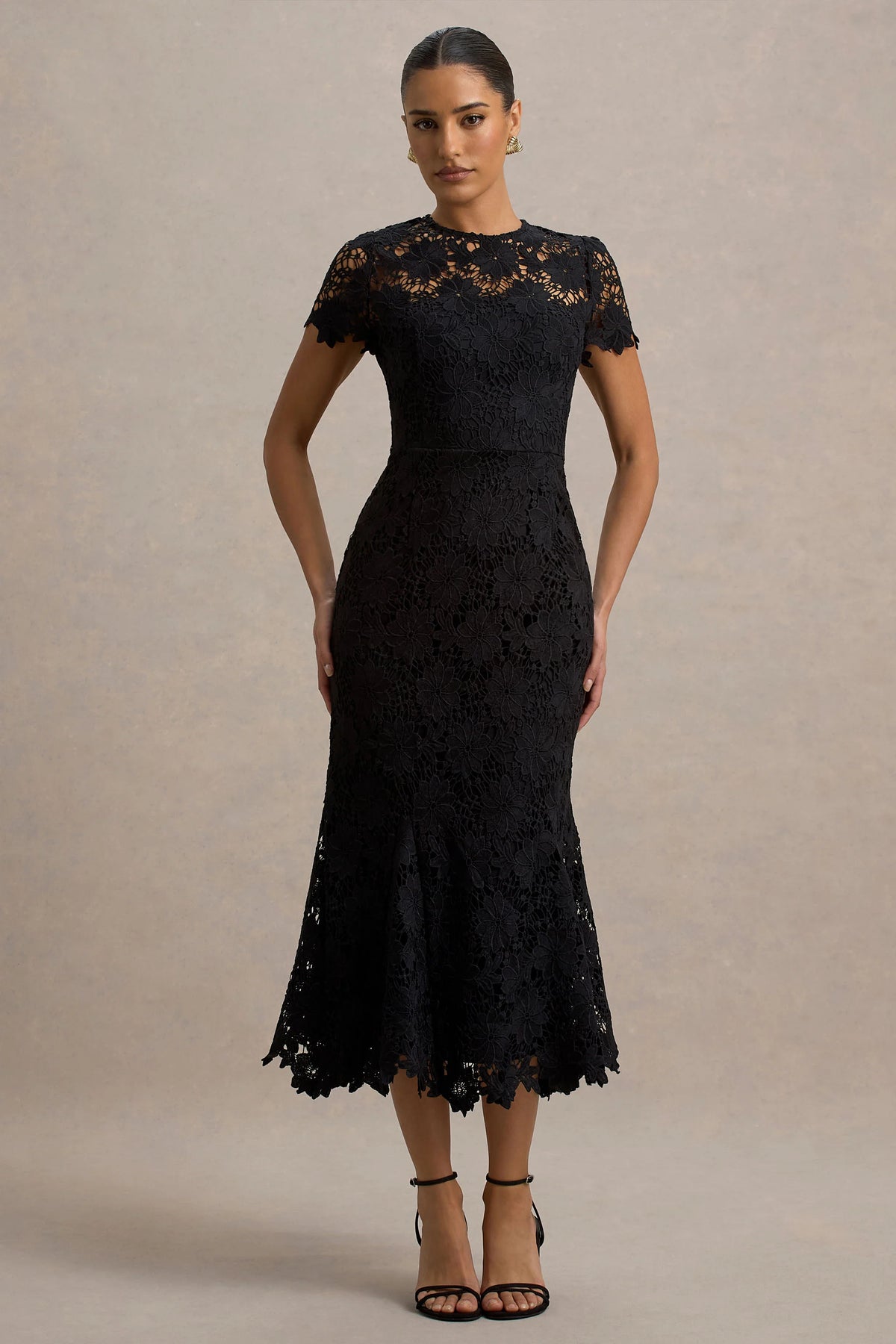 Clarissa | Black Lace Short-Sleeve Midi Dress