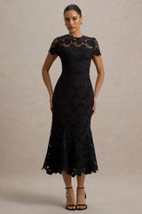 Clarissa | Black Lace Short-Sleeve Midi Dress