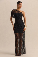 Fressia | Black Lace Asymmetric-Neck Maxi Dress With Draped-Detailing