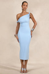 Sarafina | Light Blue Twisted Asymmetric-Neck Midi Dress